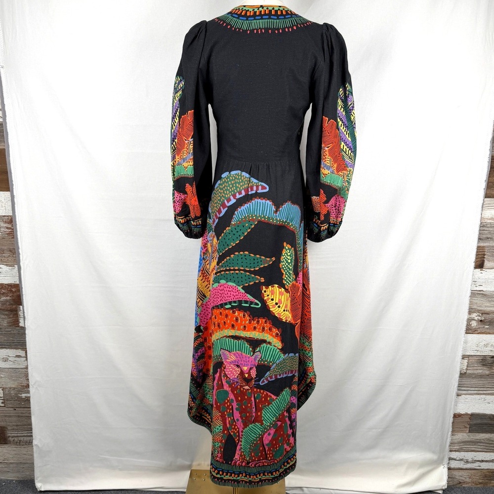 NWOT Farm Rio Black Cool Leopards Maxi Dress Linen Blend Size M Boho Maximalist - Picture 5 of 12